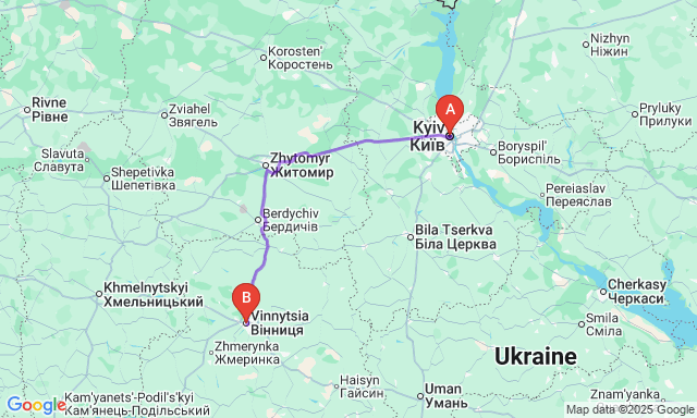 Карта маршруту Київ - Вінниця