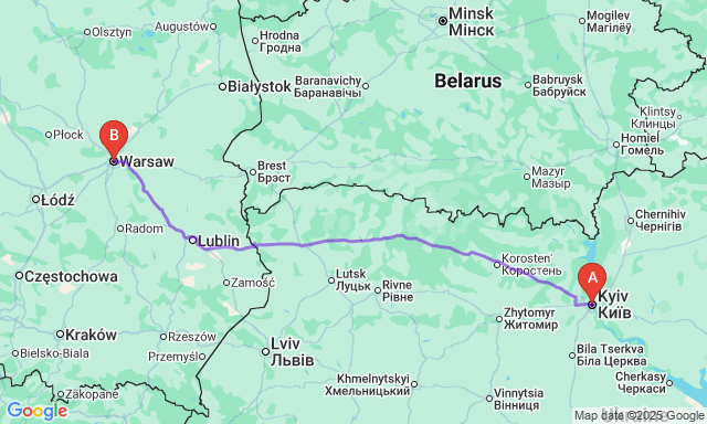 Карта маршруту Київ - Варшава