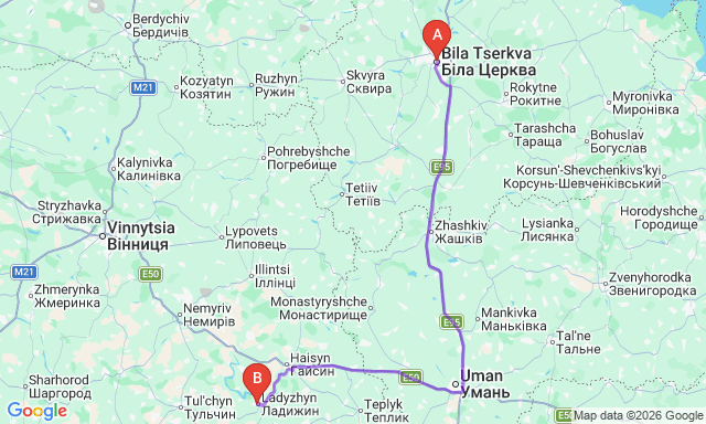 Карта маршруту Ладижин - Біла Церква