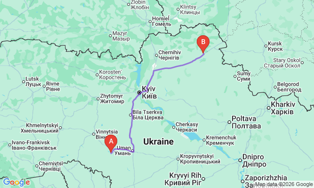 Route map Ladyzhyn - Krolevets