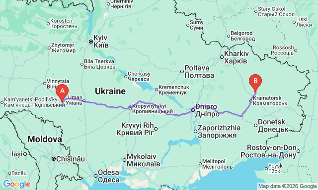 Route map Ladyzhyn - Lyman