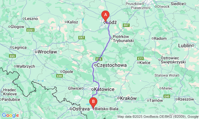 Route map Lodz - Bielsko-Biala