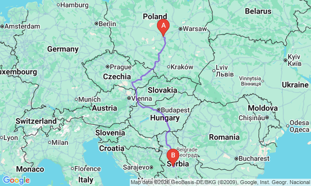 Route map Lodz - Čačak