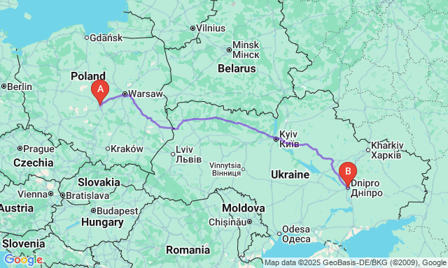 Карта маршруту Лодзь - Дніпро