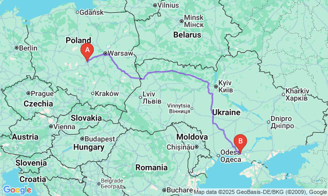 Карта маршруту Лодзь - Херсон