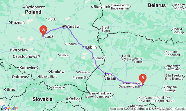 Карта маршруту Лодзь - Хмельницький
