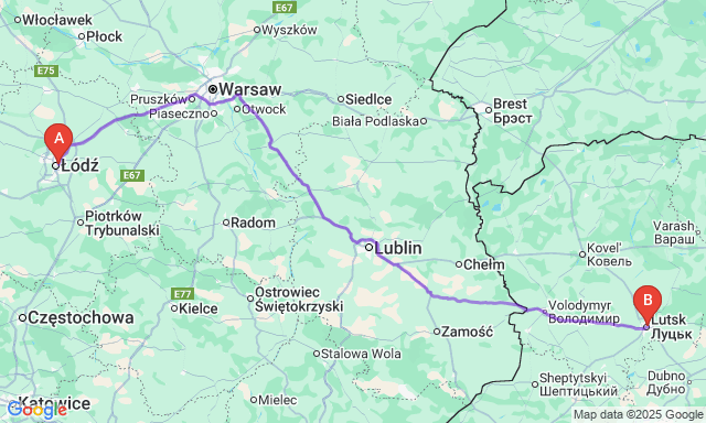 Карта маршруту Лодзь - Луцьк