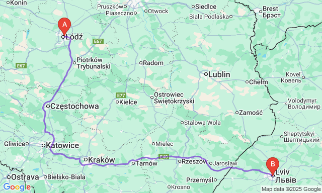 Карта маршруту Лодзь - Львів