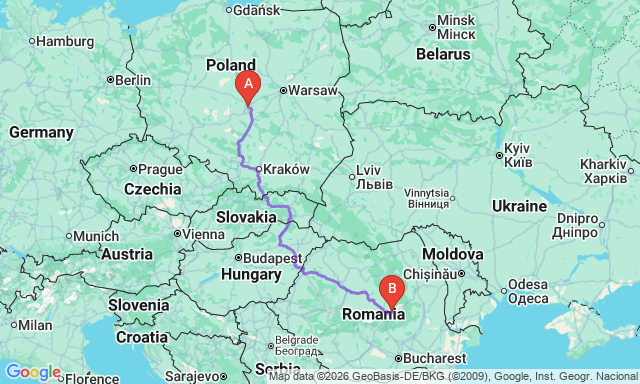 Карта маршруту Лодзь - Сфинту-Георге