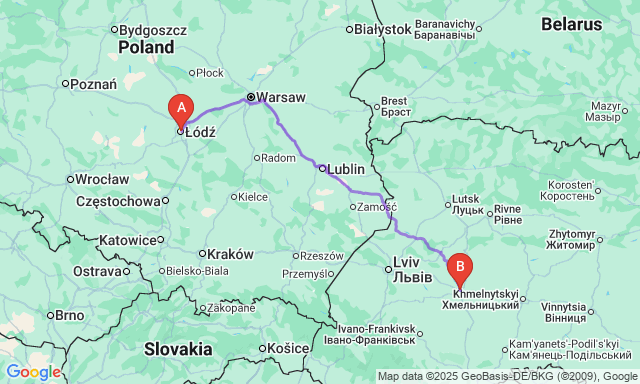 Карта маршруту Лодзь - Тернопіль