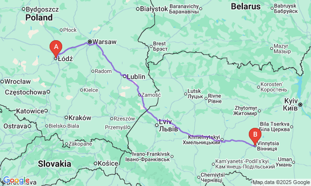 Карта маршруту Лодзь - Вінниця