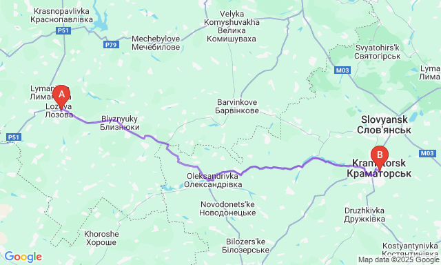 Карта маршруту Лозова - Краматорськ