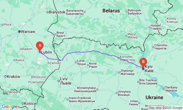 Карта маршруту Люблін - Київ
