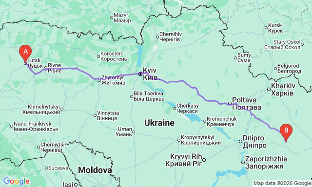 Карта маршруту Луцьк - Добропілля