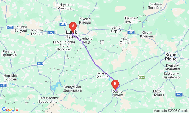 Карта маршрута Луцк - Дубно