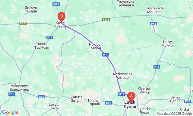 Карта маршруту Луцьк - Ковель