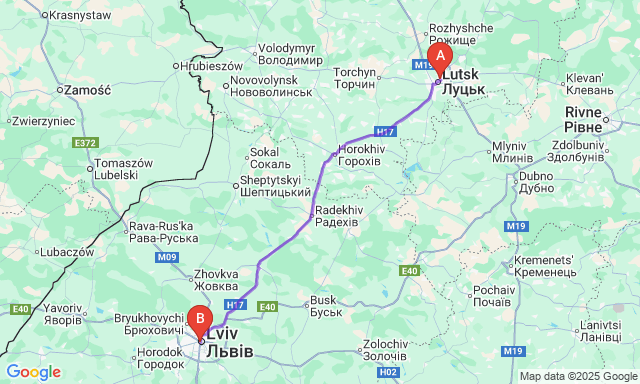 Карта маршруту Луцьк - Львів