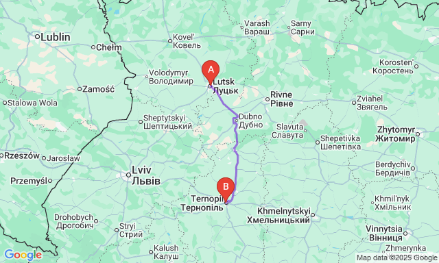 Карта маршруту Луцьк - Тернопіль