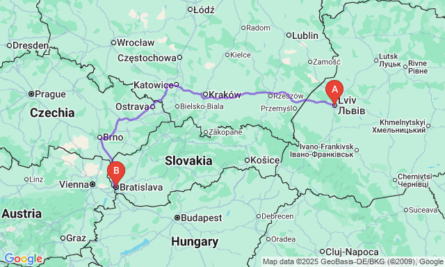 Карта маршруту Львів - Братіслава