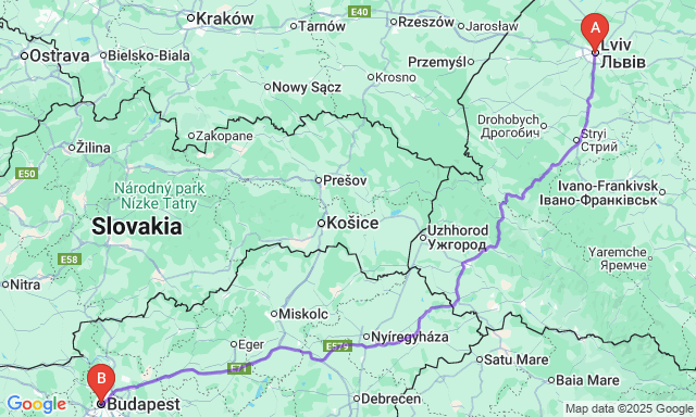 Карта маршруту Львів - Будапешт