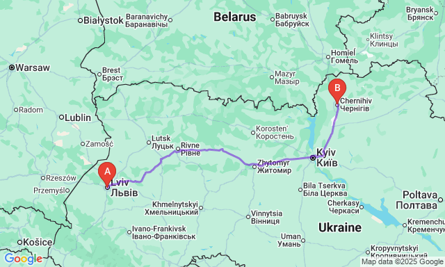 Карта маршруту Львів - Чернігів