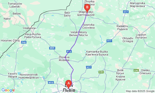 Карта маршруту Львів - Червоноград