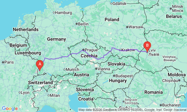 Карта маршрута Львов - Фрайбург