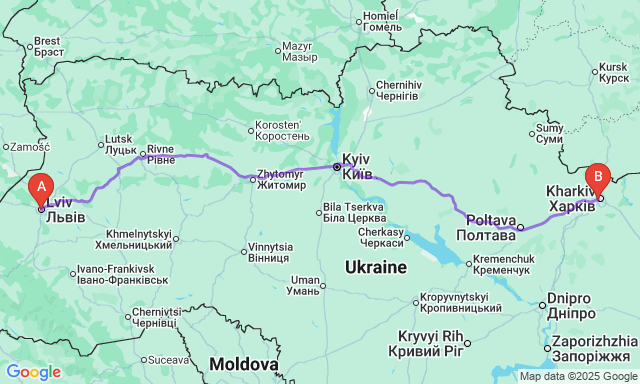 Карта маршруту Львів - Харків