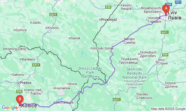 Карта маршруту Львів - Кошице