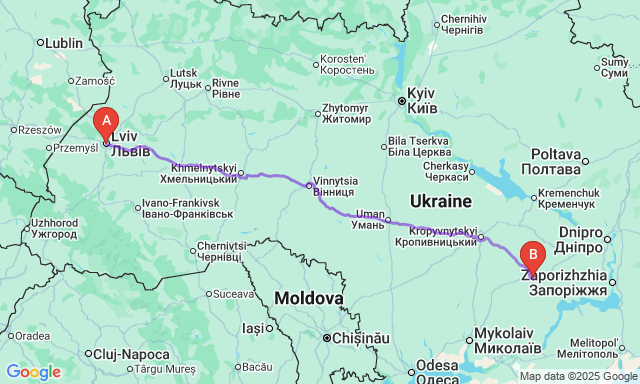 Карта маршруту Львів - Кривий Ріг