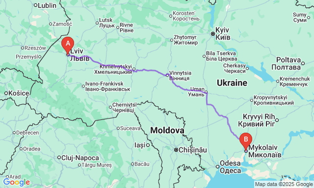 Карта маршруту Львів - Миколаїв