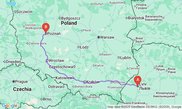 Карта маршруту Львів - Познань