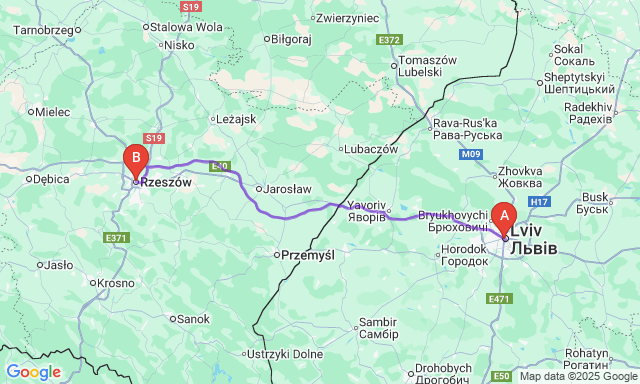 Карта маршруту Львів - Ряшів