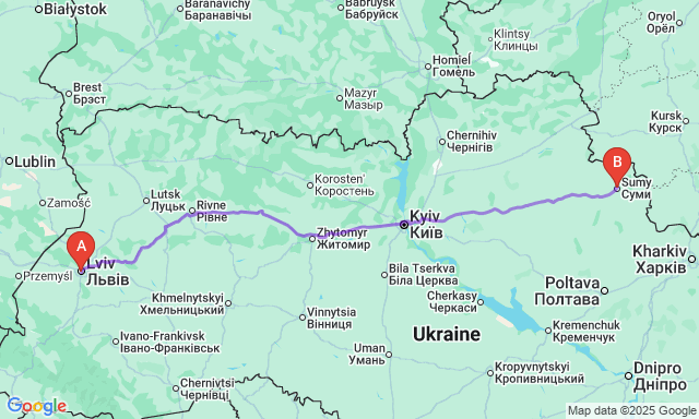 Карта маршруту Львів - Суми