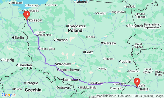 Карта маршруту Львів - Щецин