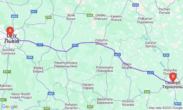 Карта маршруту Львів - Тернопіль