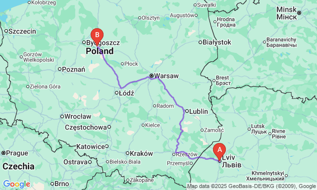 Карта маршруту Львів - Торунь