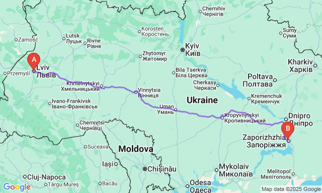 Карта маршруту Львів - Запоріжжя