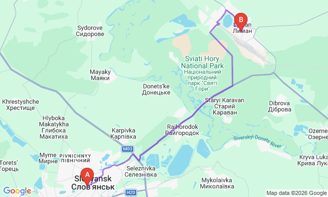 Карта маршрута Лиман - Славянск