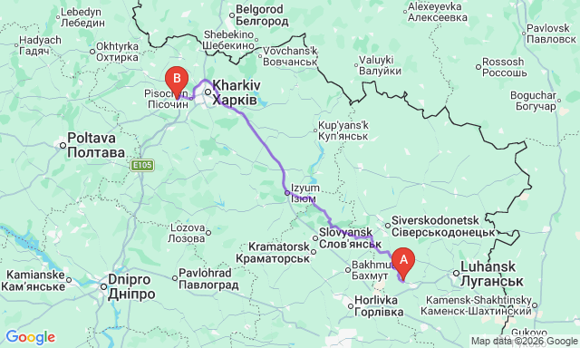Карта маршрута Люботин - Брянка
