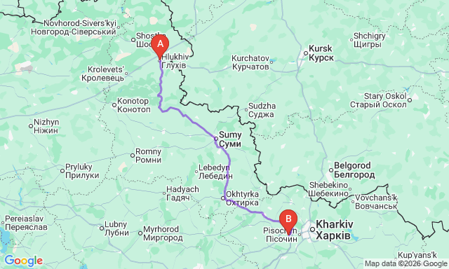 Карта маршруту Люботин - Глухів