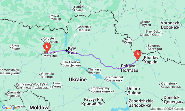 Карта маршрута Люботин - Коростышев