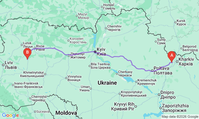 Карта маршруту Люботин - Кременець