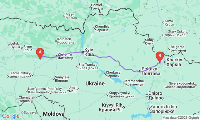 Карта маршруту Люботин - Полонне