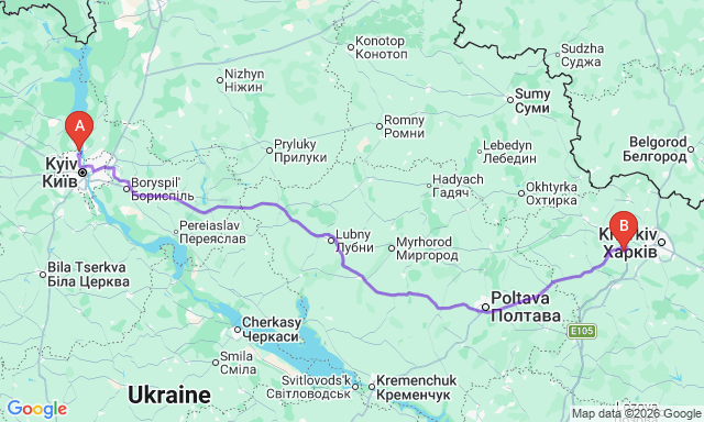 Route map Lyubotyn - Vyshhorod