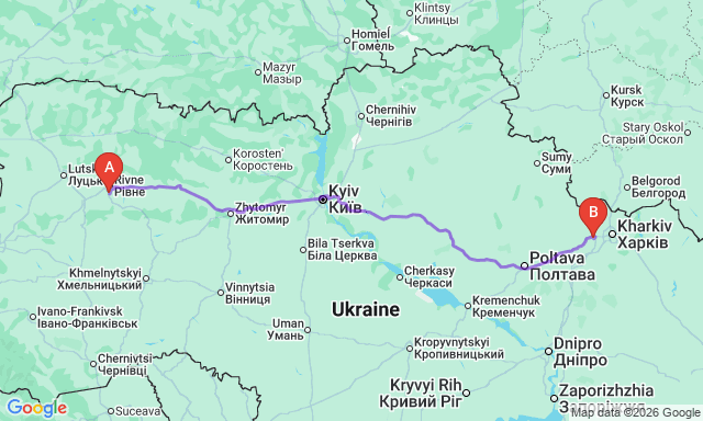Карта маршруту Люботин - Здолбунів