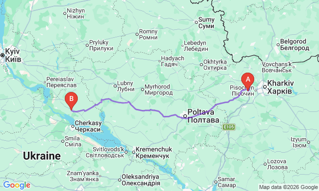 Карта маршруту Люботин - Золотоноша