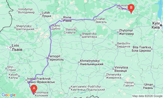 Карта маршруту Малин - Коломия