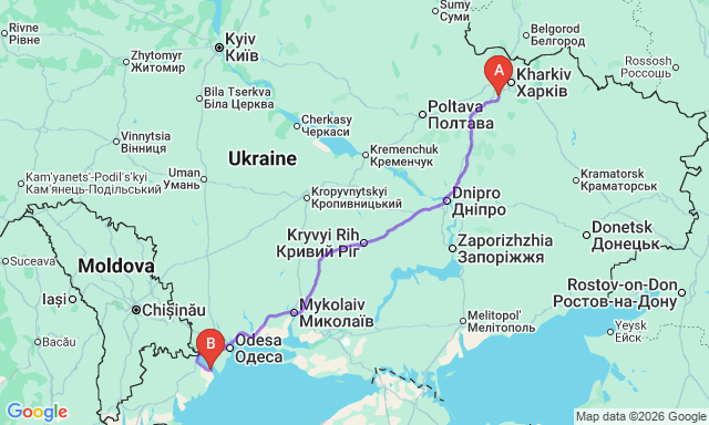Карта маршрута Мерефа - Белгород-Днестровский