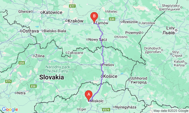 Карта маршруту Мішкольц - Тарнув